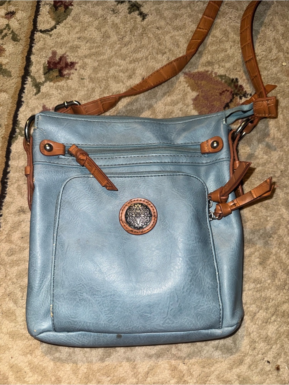 Light Blue Crossbody Bag with Brown Trim - Unbranded